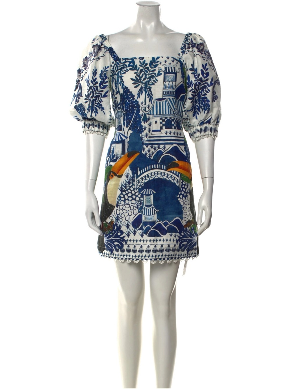 FARM Rio White Blue Mini Dress with Orange & Yellow Toucan Accents
